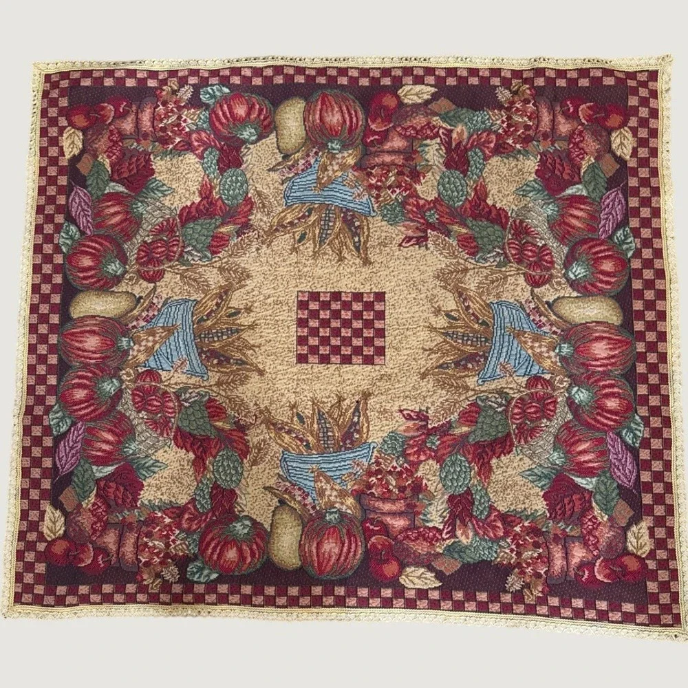 Vintage Woven Harvest Tapestry Table Runner Fruit Cornucopia Lace Trim 31x36